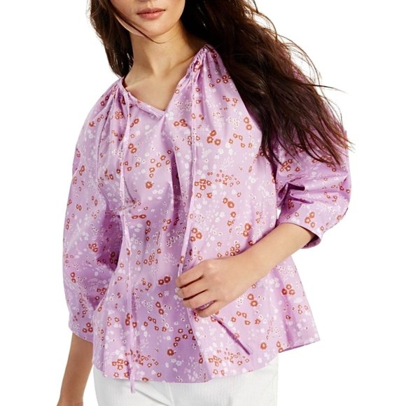 New Alfani Floral Print Cotton Balloon Sleeve Tie Neck Top Purple Size Large - Picture 1 of 16